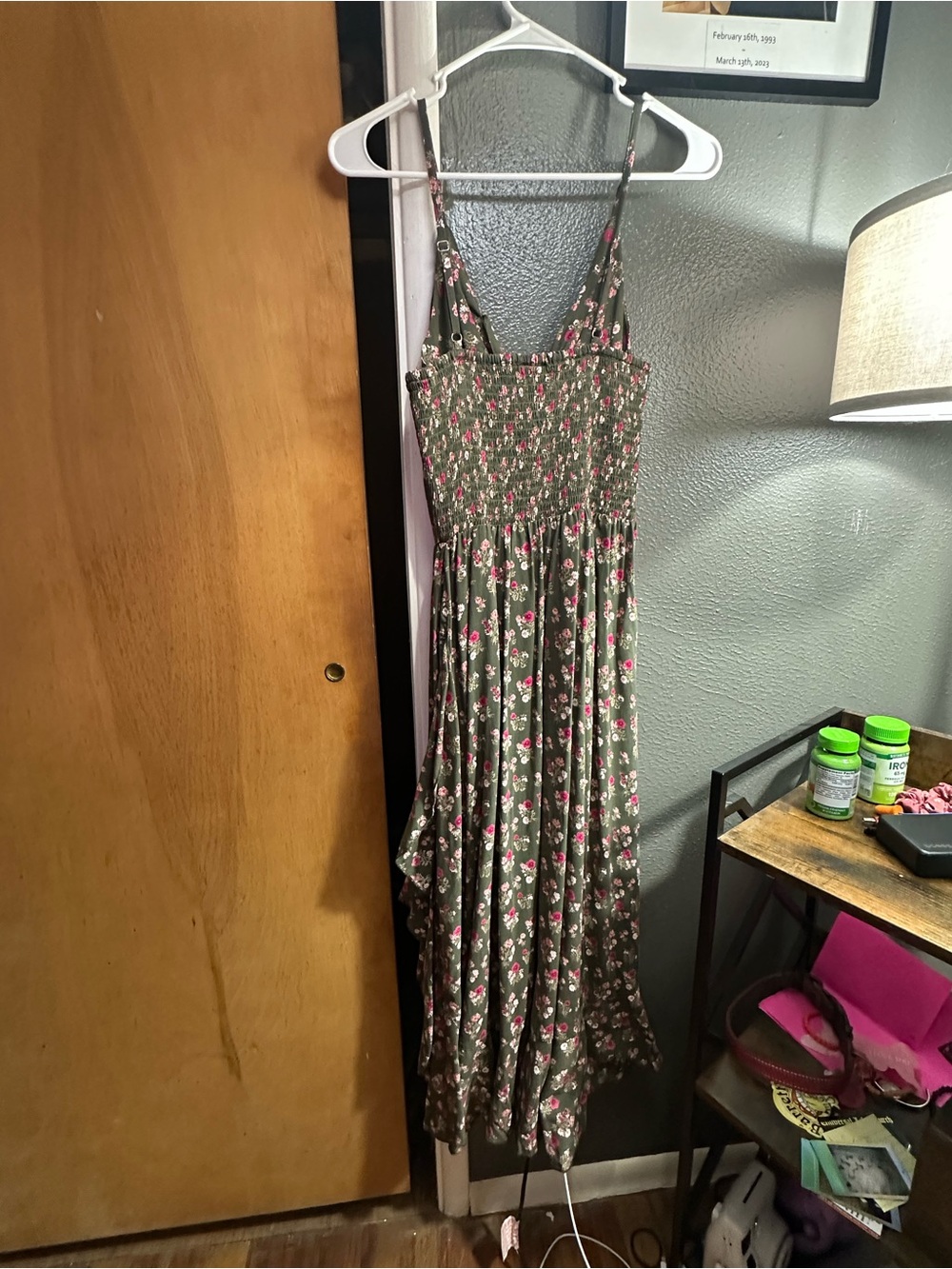 Angie Olive Green Floral Smocked Midi Dress with Pink Blooms